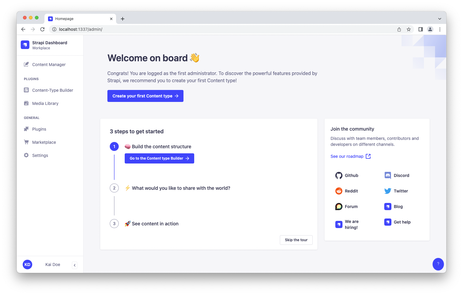 Admin panel screenshot: dashboard